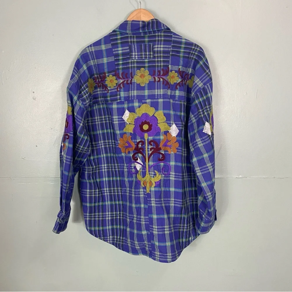 Free People Embroidered Sashiko Shirt Plaid Floral Oversized XL‎ Blue Purple